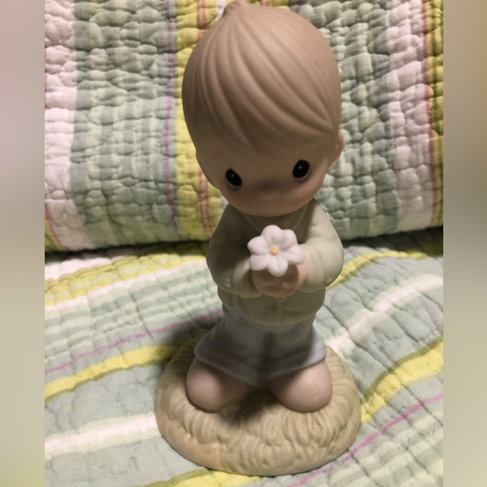 Precious moments Boy Figurine Holding White Flower Mommy, I love you